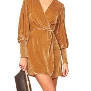 Reformation Boheme Velvet Wrap mini Dress Gold Yellow puff sleeves worn once M